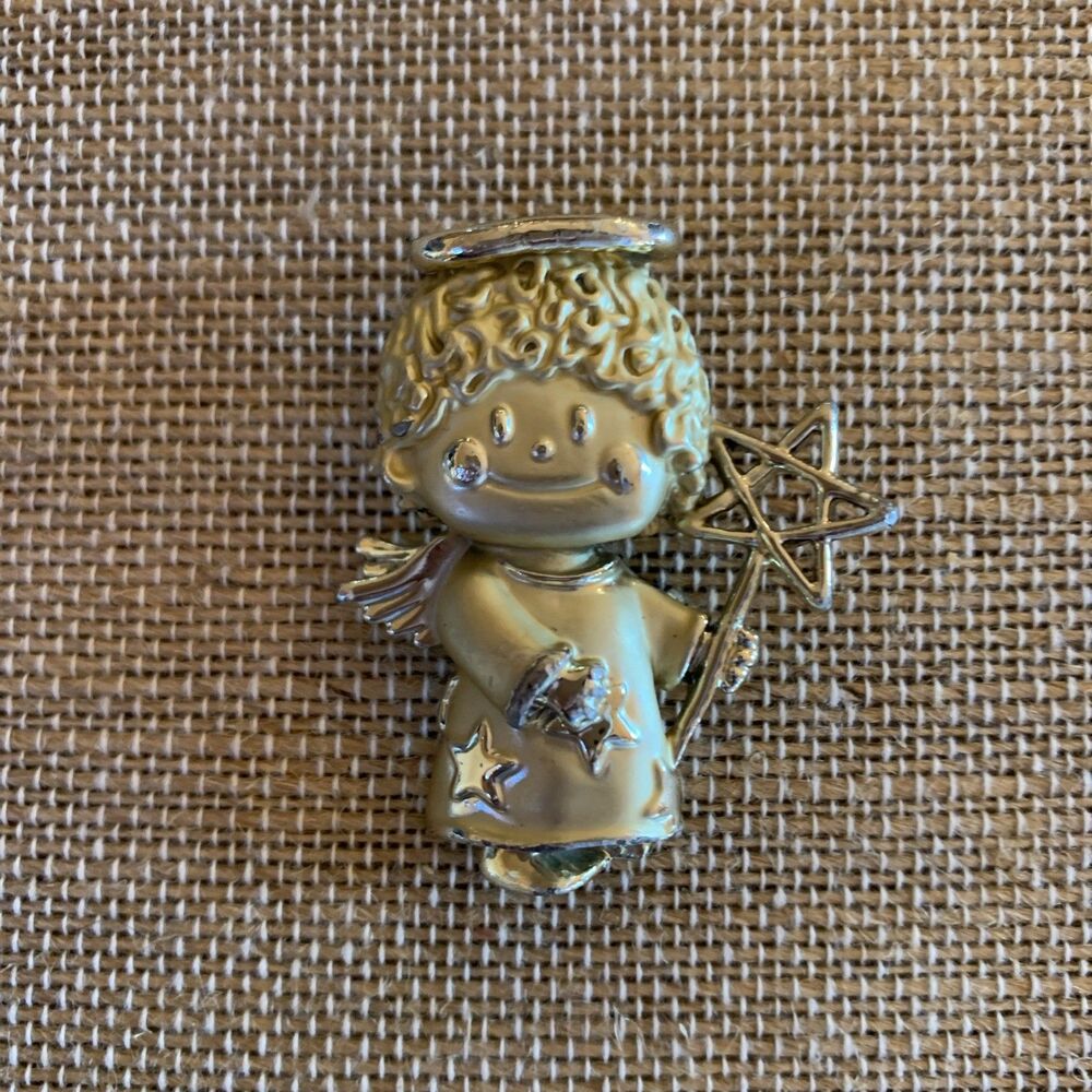 Vintage Angel Brooch Pin Gold Tone Halo Wings Star Collector Holiday Christmas